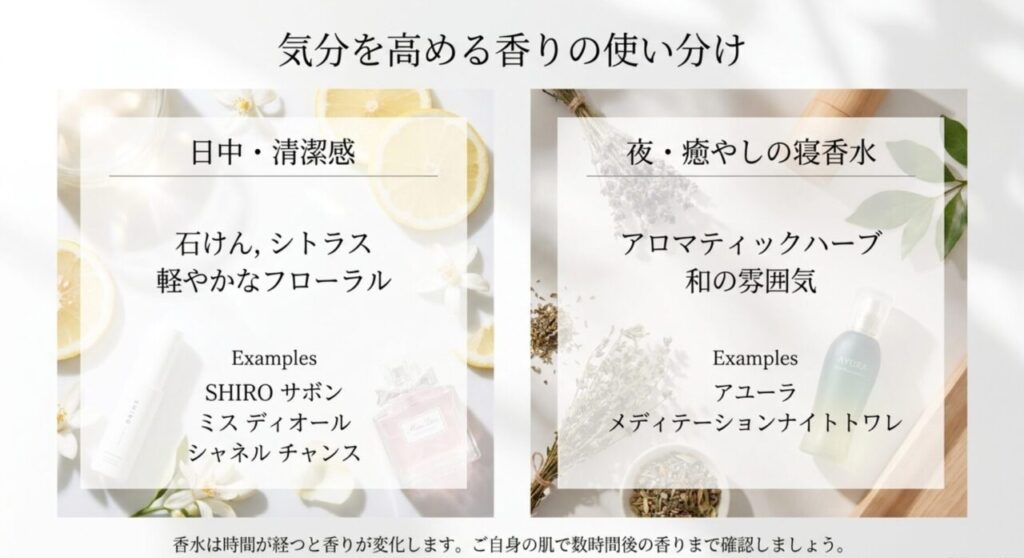 日中は石けんやシトラス、夜はハーブや和の香りを選ぶご褒美香水の使い分けを示した図