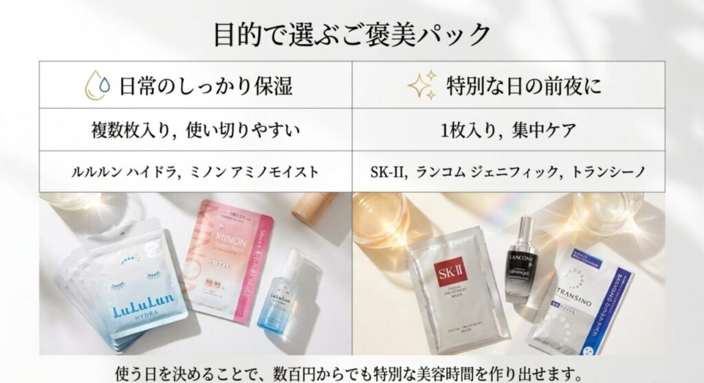 日常の保湿用の複数枚入りパックと特別な日の前の一枚入りパックを比較したスライド