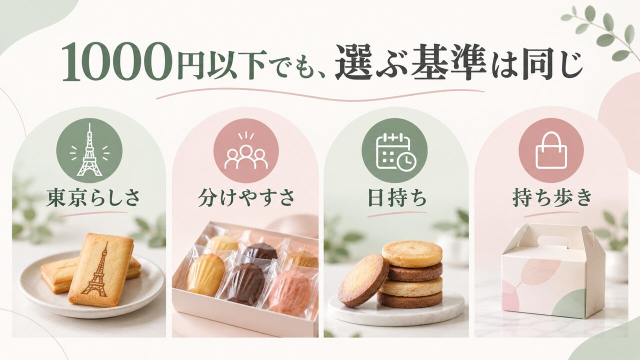 東京のお土産を1000円以下で選ぶときの東京らしさ・分けやすさ・日持ち・持ち歩きの4つの基準