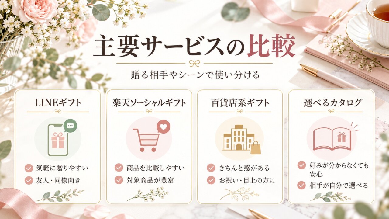 LINEギフトや楽天ソーシャルギフトなど主要サービスの比較