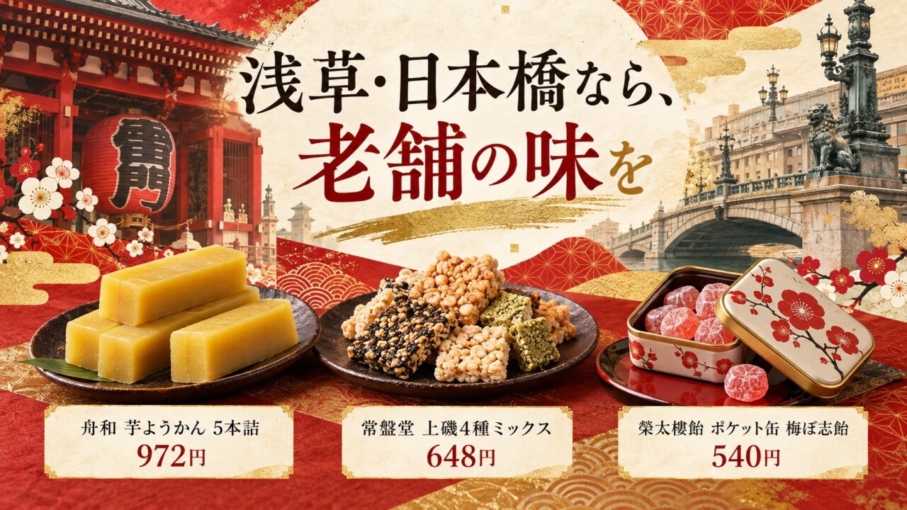 舟和の芋ようかん・常盤堂の雷おこし・榮太樓飴を浅草と日本橋の老舗土産として紹介