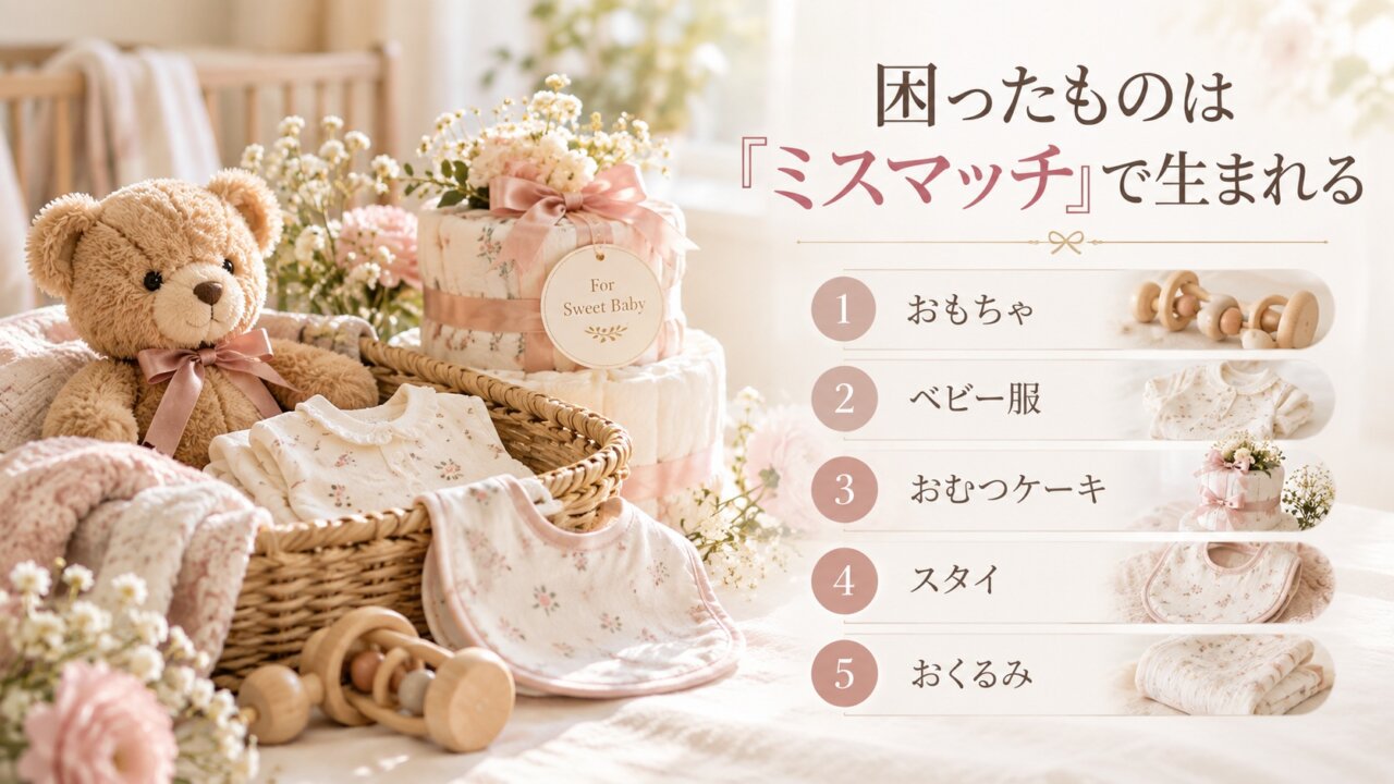 出産祝いで困りやすいおもちゃ、ベビー服、おむつケーキ、スタイ、おくるみをまとめた画像
