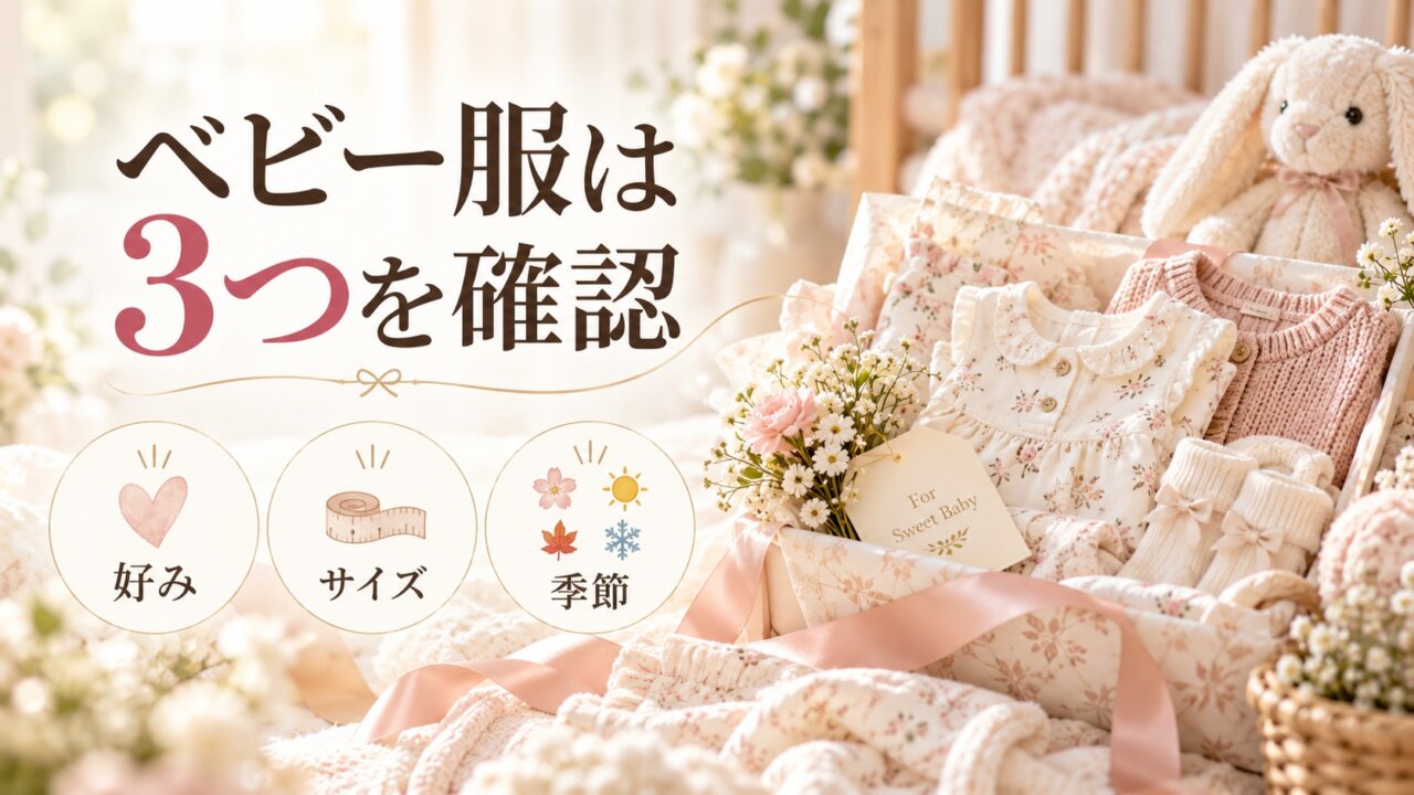 出産祝いのベビー服は好み、サイズ、季節の3つを確認して選ぶことを伝える画像