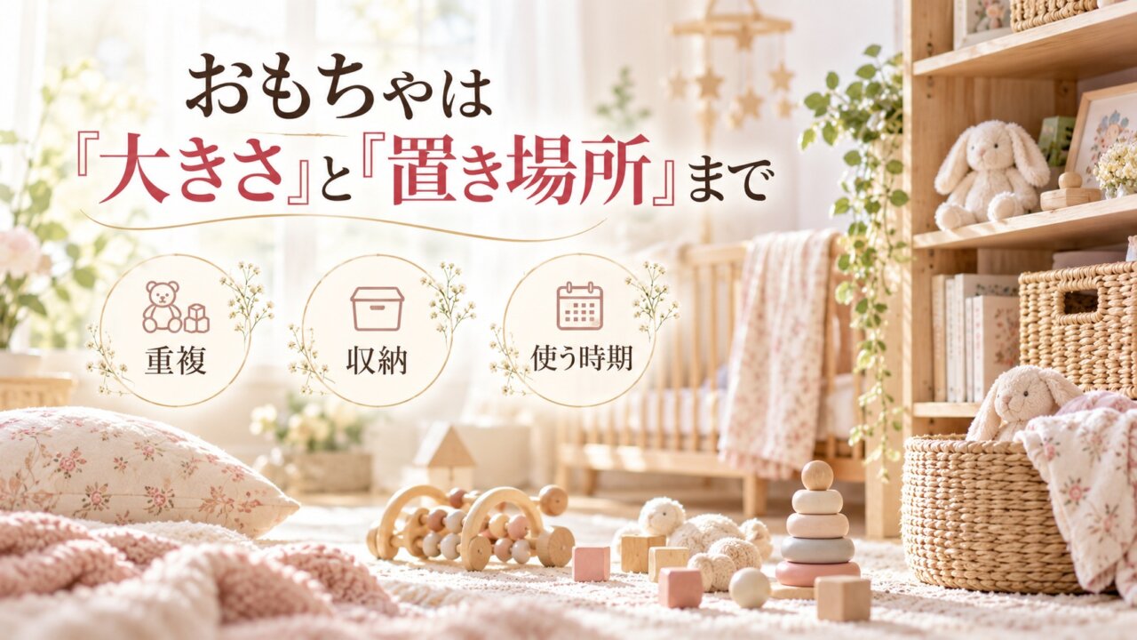 出産祝いのおもちゃは重複や収納、使う時期を確認して選ぶことを伝える画像
