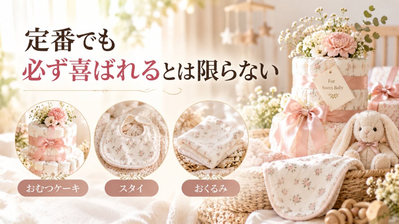 おむつケーキ、スタイ、おくるみなどの定番ギフトも相手によっては困られることがあると伝える画像