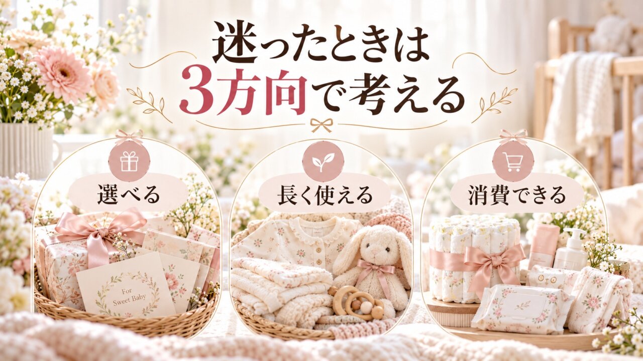 出産祝いで迷ったときは選べる、長く使える、消費できるの3方向で考えることを伝える画像
