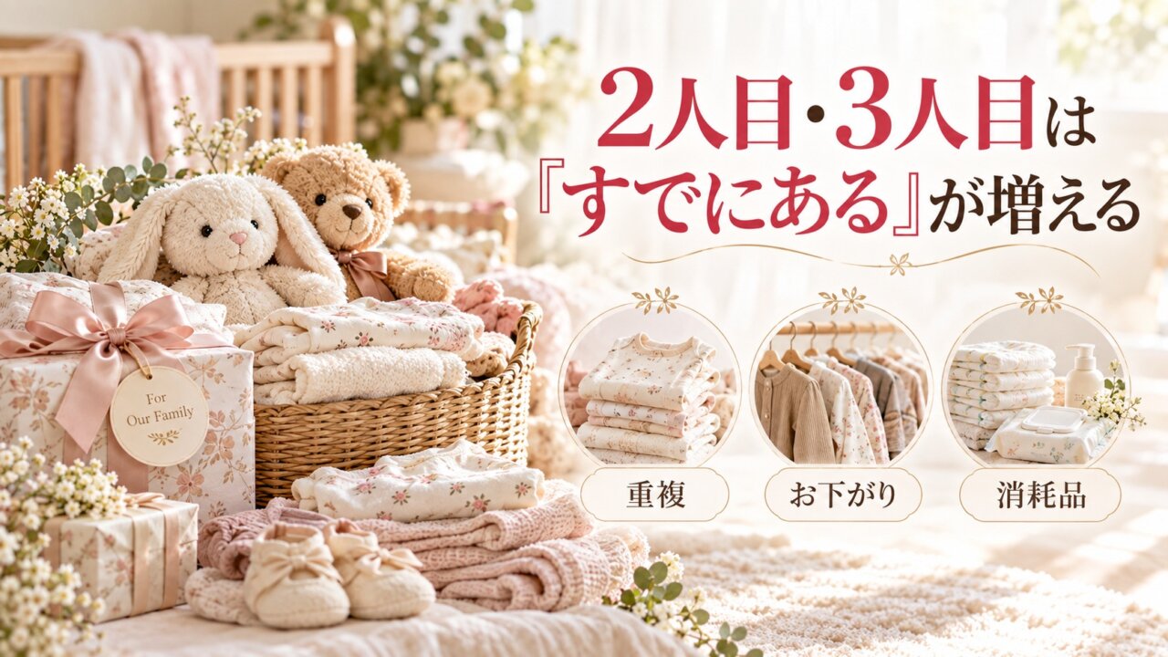 2人目や3人目の出産祝いでは重複やお下がりを意識して消耗品も候補にする考え方を伝える画像