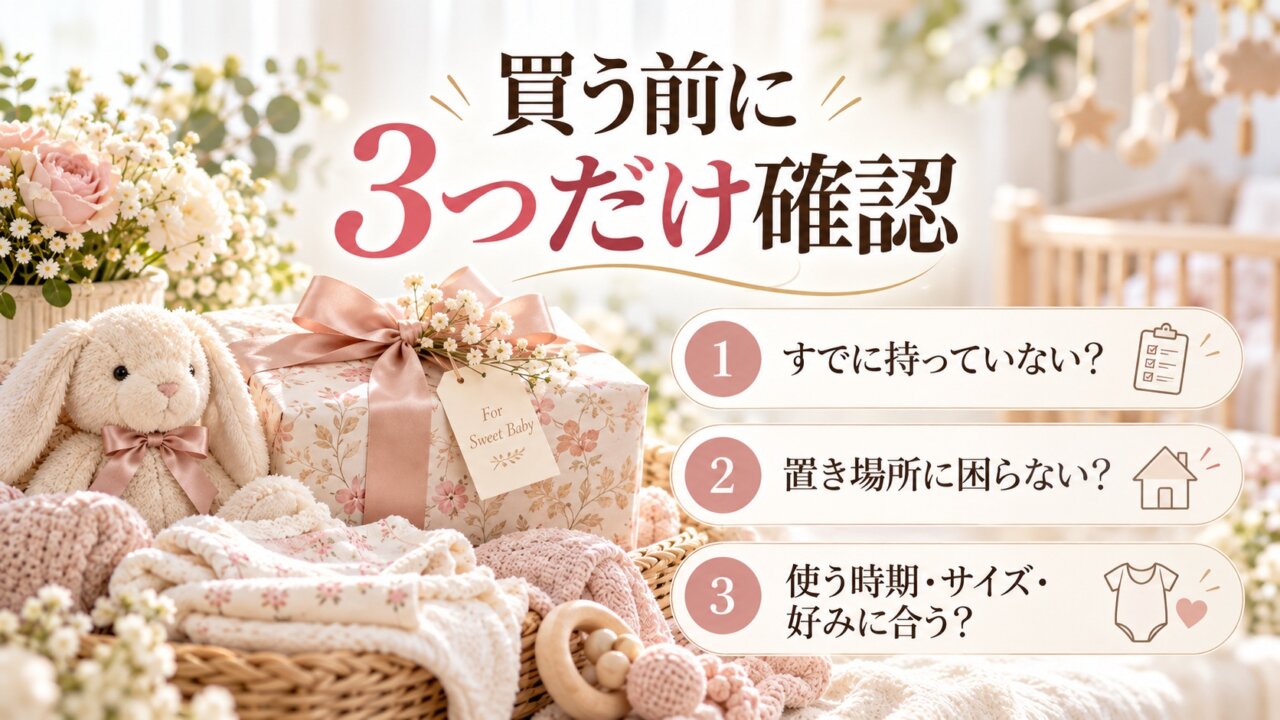 出産祝いを買う前に持ち物、置き場所、使う時期や好みの3つを確認するチェックリスト画像