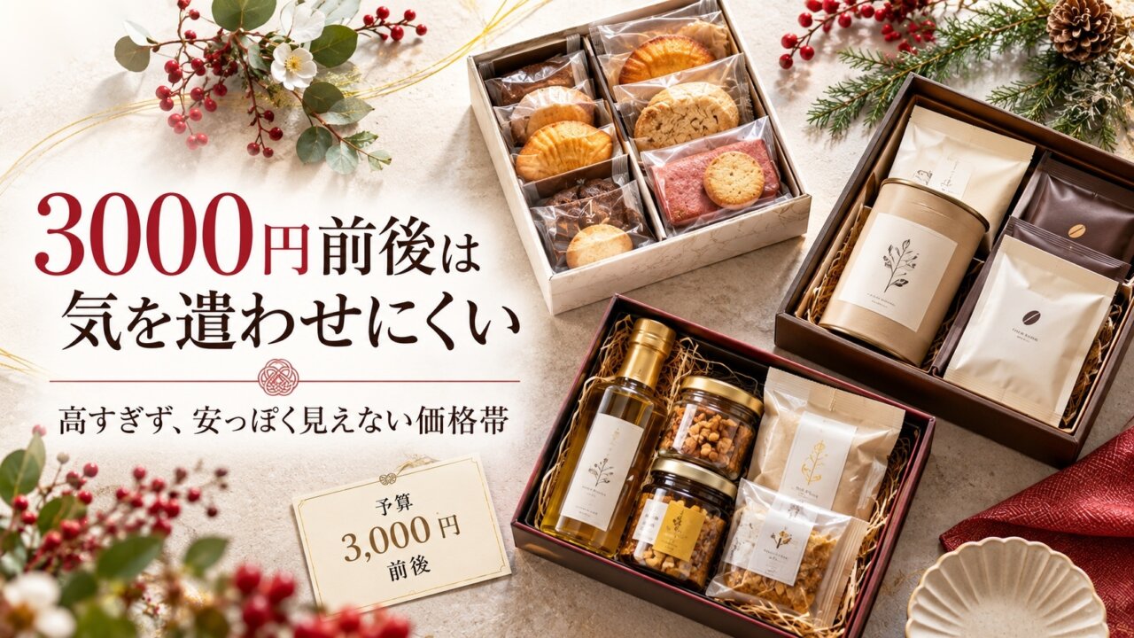 お歳暮3000円前後は気を遣わせにくい価格帯 お歳暮の3000円前後は高すぎず安っぽく見えにくい価格帯であることを示す画像