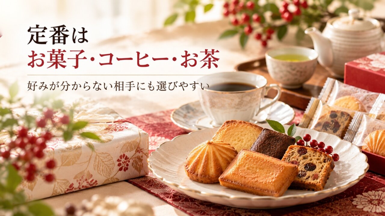 定番のお菓子・コーヒー・お茶 お歳暮の定番として焼き菓子、コーヒー、お茶を並べた冬ギフトの画像