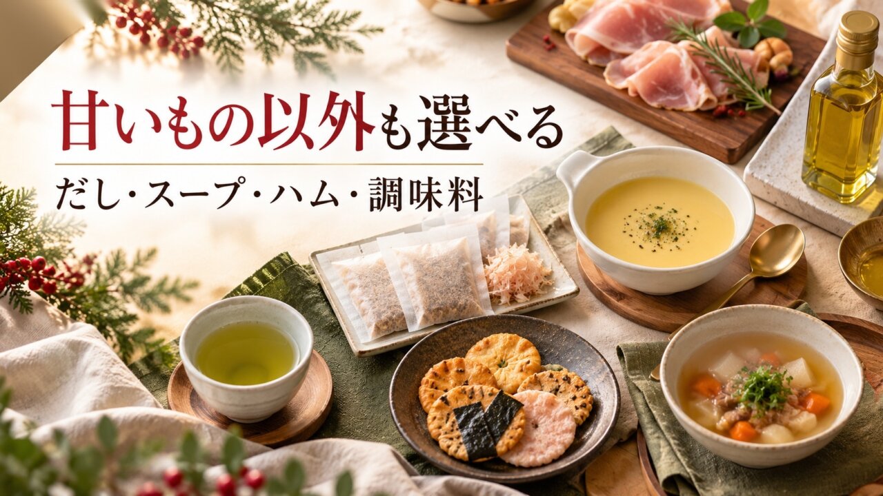 甘くないお歳暮はだし・スープ・ハム・調味料 甘くないお歳暮としてだし、スープ、ハム、調味料を並べた画像