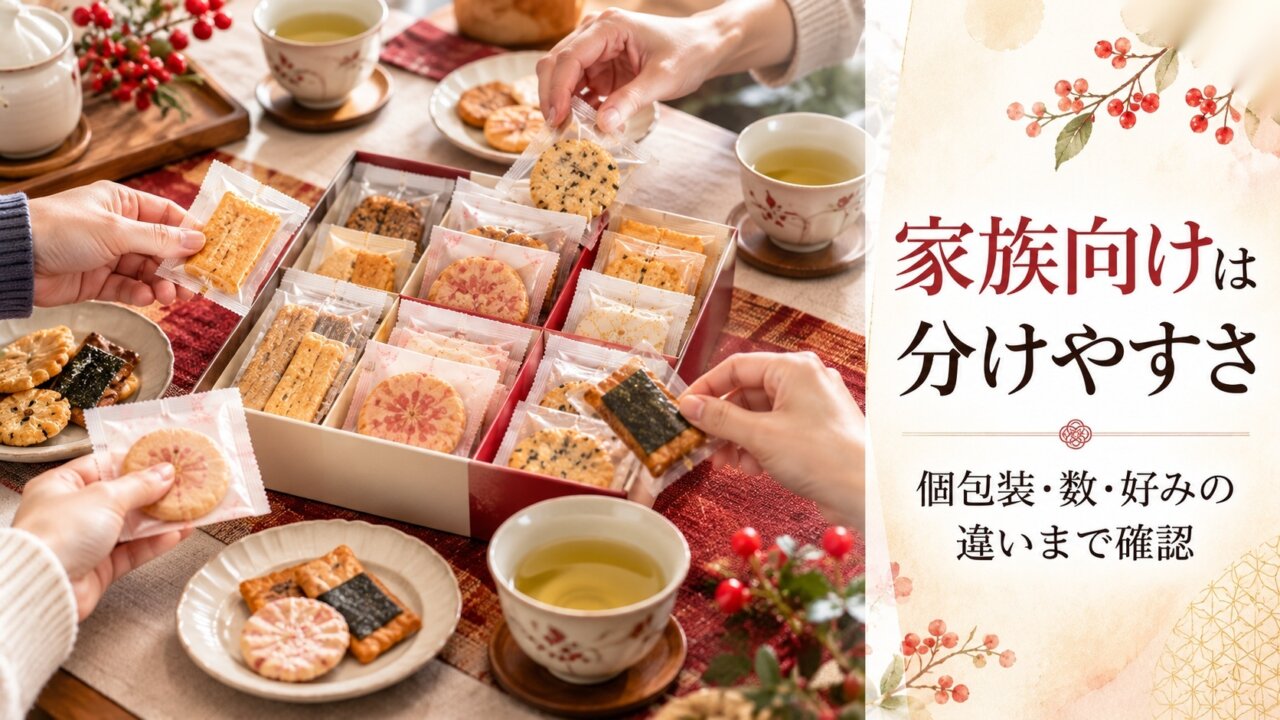 家族向けのお歳暮は分けやすさを確認 家族向けのお歳暮は個包装や数、好みの違いまで確認することを示す画像