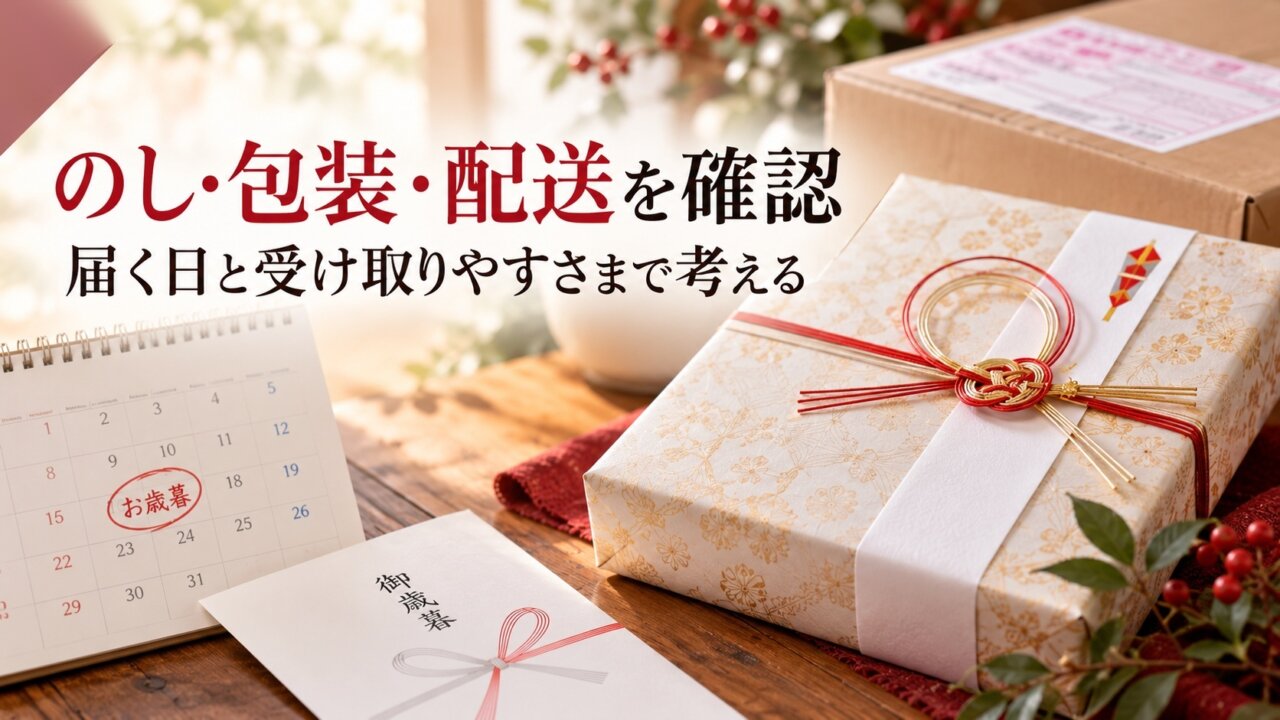 お歳暮はのし・包装・配送を確認 お歳暮ののし、包装、配送日と受け取りやすさを確認することを示す画像