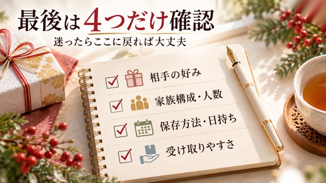 お歳暮選びは最後に4つだけ確認 お歳暮を選ぶ前に相手の好み、家族構成、保存方法、受け取りやすさを確認する画像