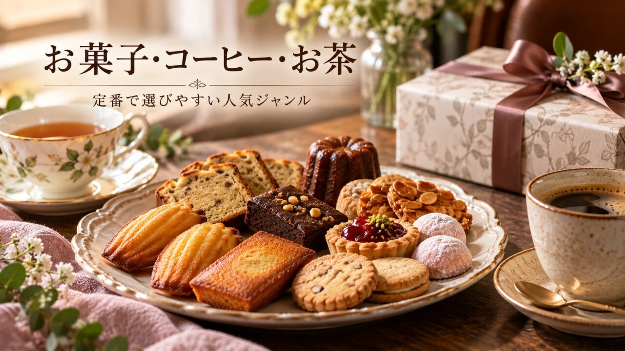 お菓子・コーヒー・お茶のお歳暮 焼き菓子とコーヒーや紅茶を組み合わせた冬のギフトイメージ