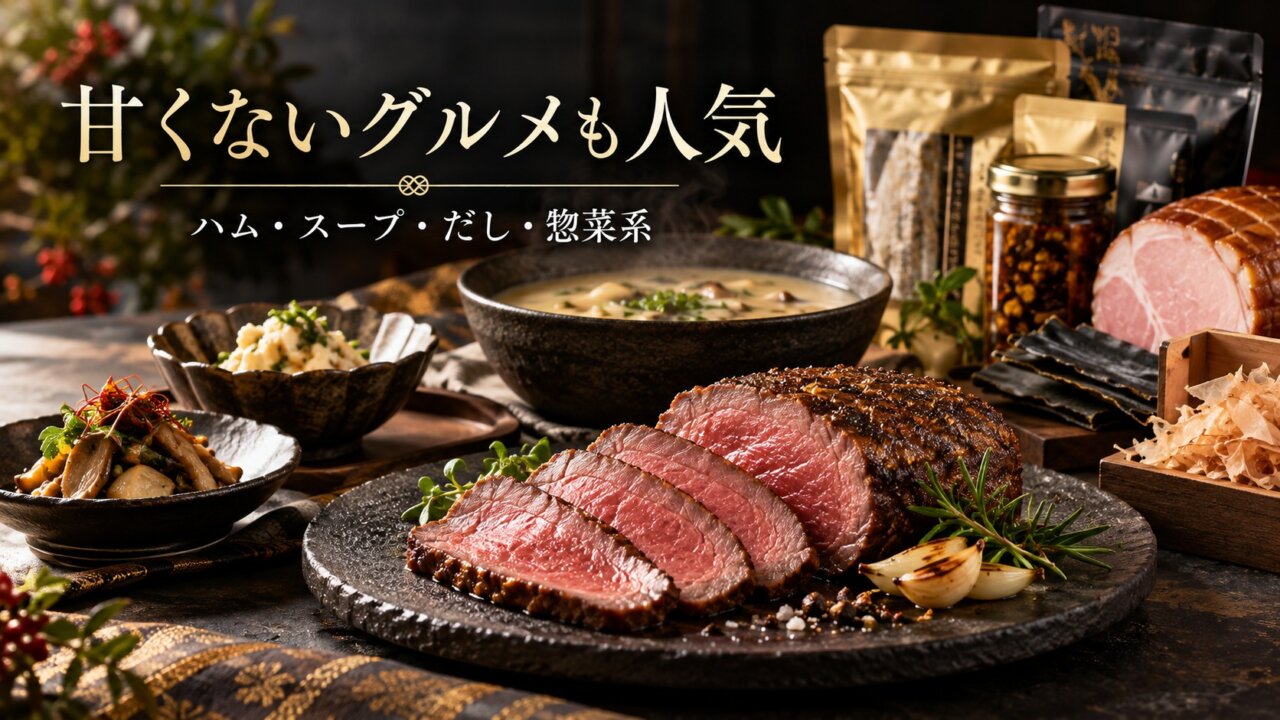 甘くないグルメのお歳暮 ハムやローストビーフなど甘くない5000円前後のお歳暮をイメージした食卓