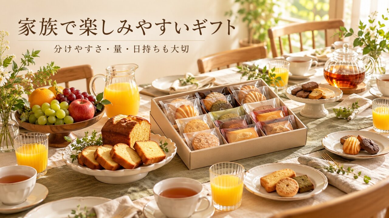 家族で楽しみやすいお歳暮 家族で分けやすい焼き菓子や飲み物を囲む明るい冬の食卓