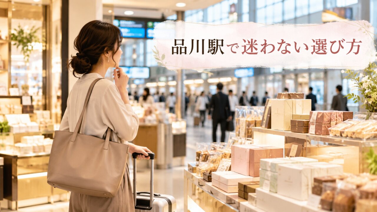 品川駅でお土産を選ぶ場面と品川駅構内の売り場