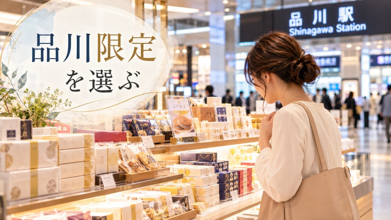品川駅の売り場で品川限定の手土産を選ぶ女性