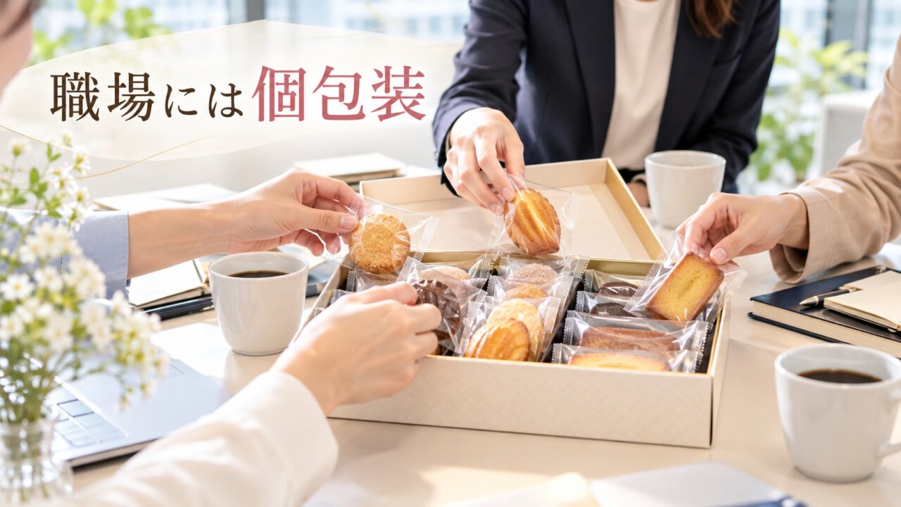 職場で配りやすい個包装のお菓子を囲む様子
