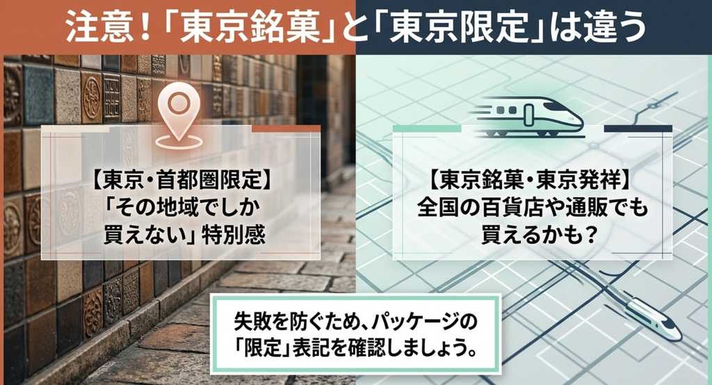 東京限定や首都圏限定の商品と全国でも買える東京銘菓や東京発祥商品の違いを説明した画像