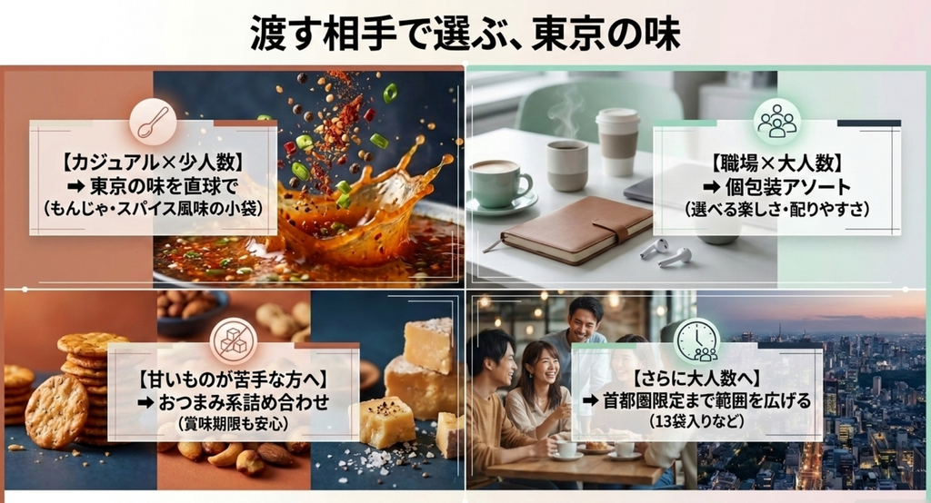 少人数や職場、甘い物が苦手な人、大人数向けに有明ガーデンで東京土産を選ぶポイントをまとめた画像
