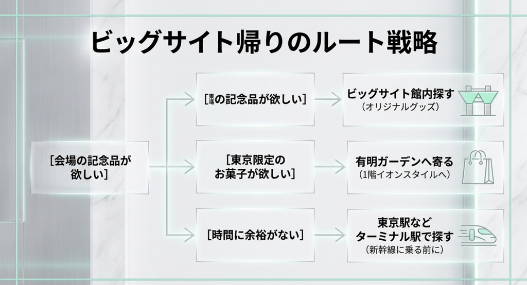 東京ビッグサイト、有明ガーデン、東京駅から目的別にお土産の購入場所を選ぶルート図