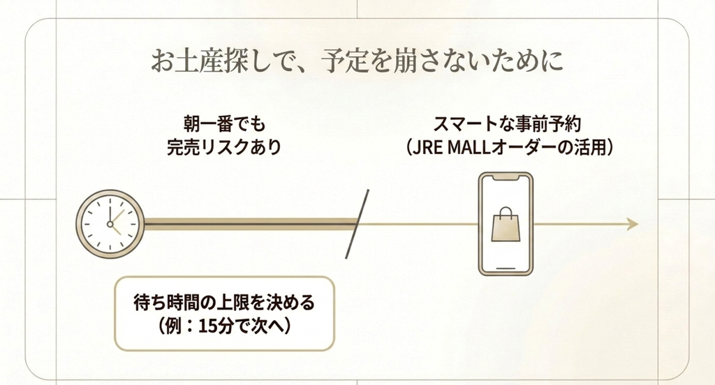 待ち時間の上限を決める方法とJRE MALLオーダーによる事前予約を示した図