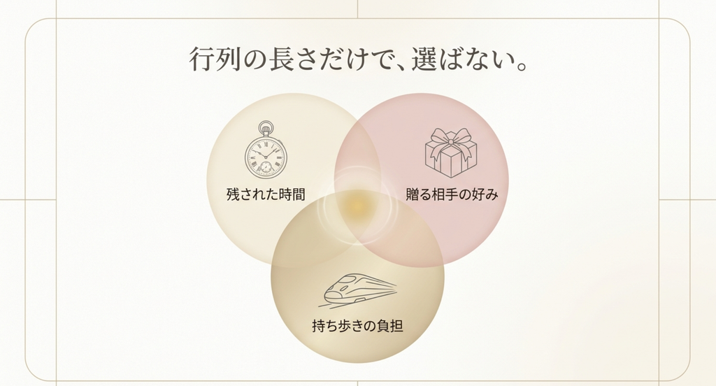 残された時間、贈る相手の好み、持ち歩きの負担から東京駅のお土産を選ぶ考え方