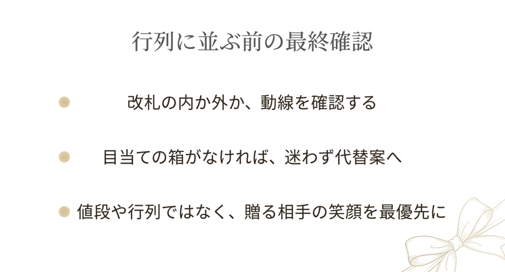 改札内外の動線、売り切れ時の代替案、贈る相手を優先する東京駅お土産選びの最終確認