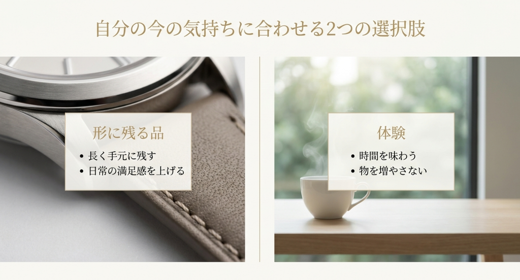 自分へのご褒美は形に残る品か体験か 自分へのご褒美を形に残る品と体験の2つの選択肢から考えるスライド
