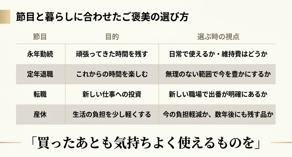 節目と暮らしに合わせた自分へのご褒美 永年勤続、定年退職、転職、産休それぞれの目的とご褒美選びの視点を比較したスライド