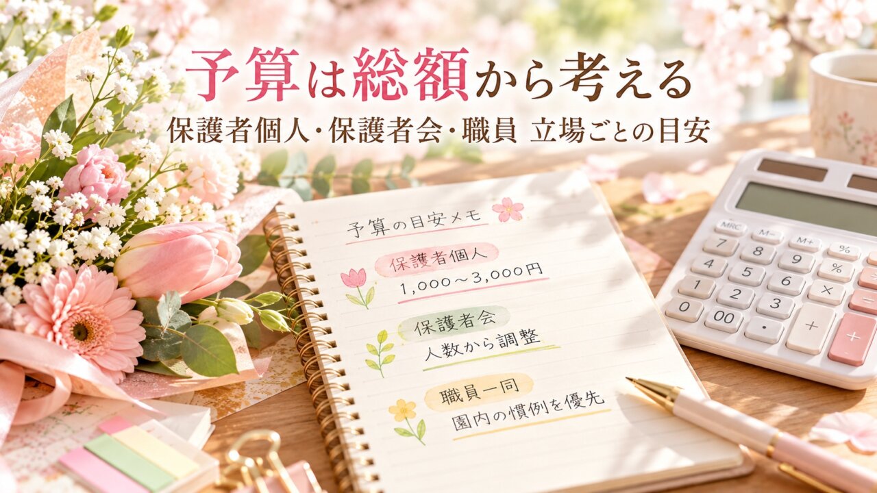 予算は総額から考える 保護者個人・保護者会・職員の予算目安を示すメモと電卓のスライド