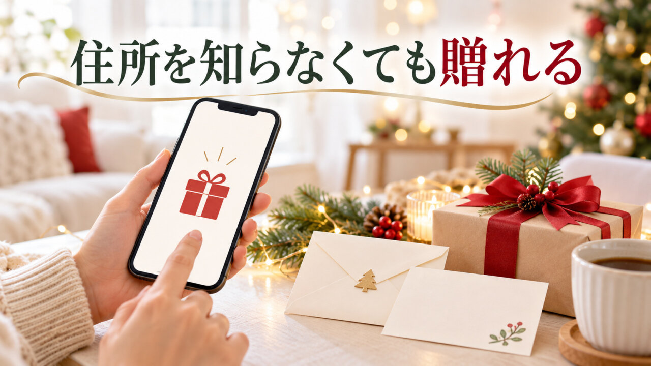 住所を知らなくても贈れるeギフトやソーシャルギフトをイメージしたスライド画像