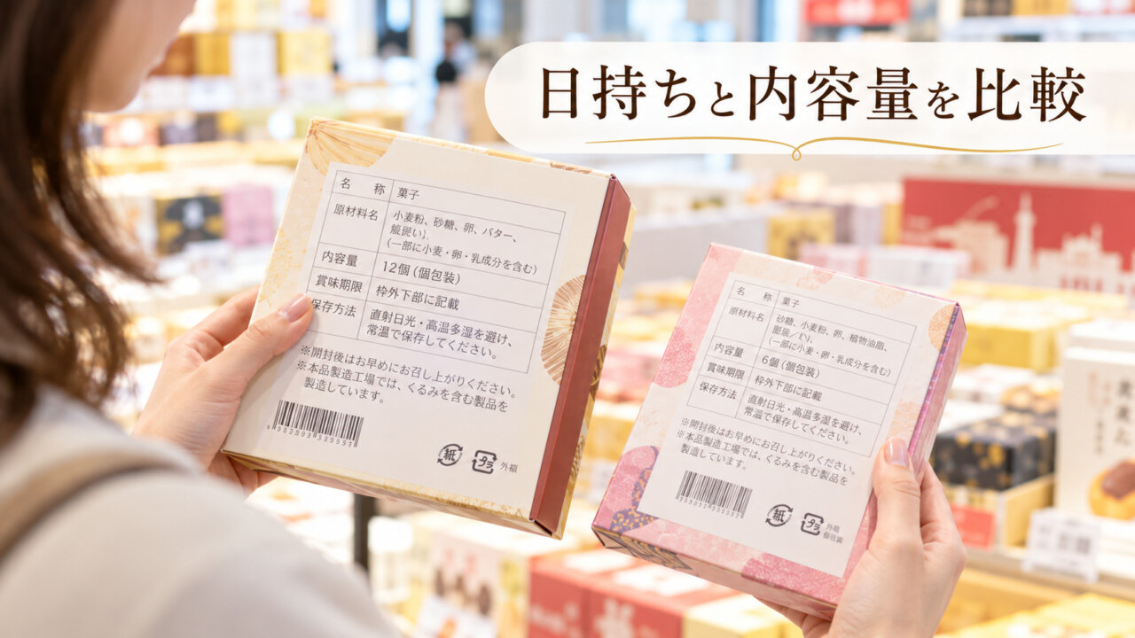 日持ちと内容量を比較して選ぶ 空港のお土産売り場で2種類のお菓子の内容量と賞味期限表示を比べる様子