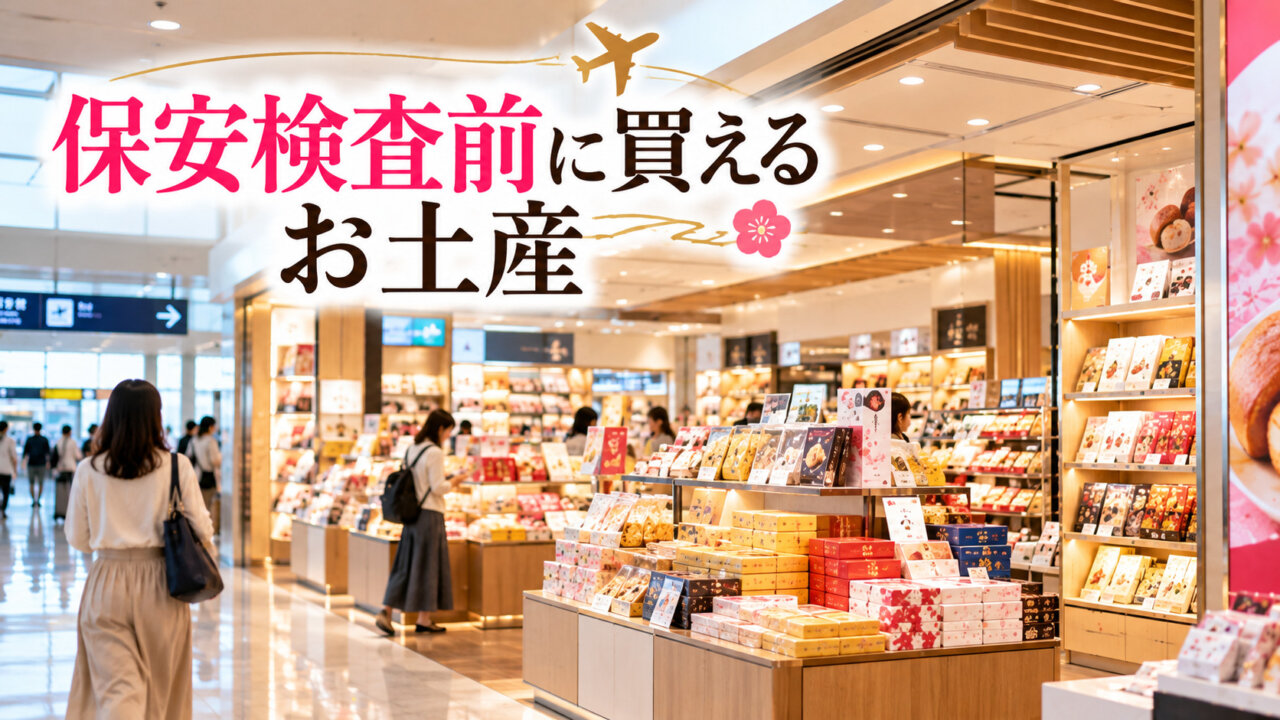 保安検査前に買えるお土産 福岡空港の保安検査前をイメージした明るいお土産売り場の風景