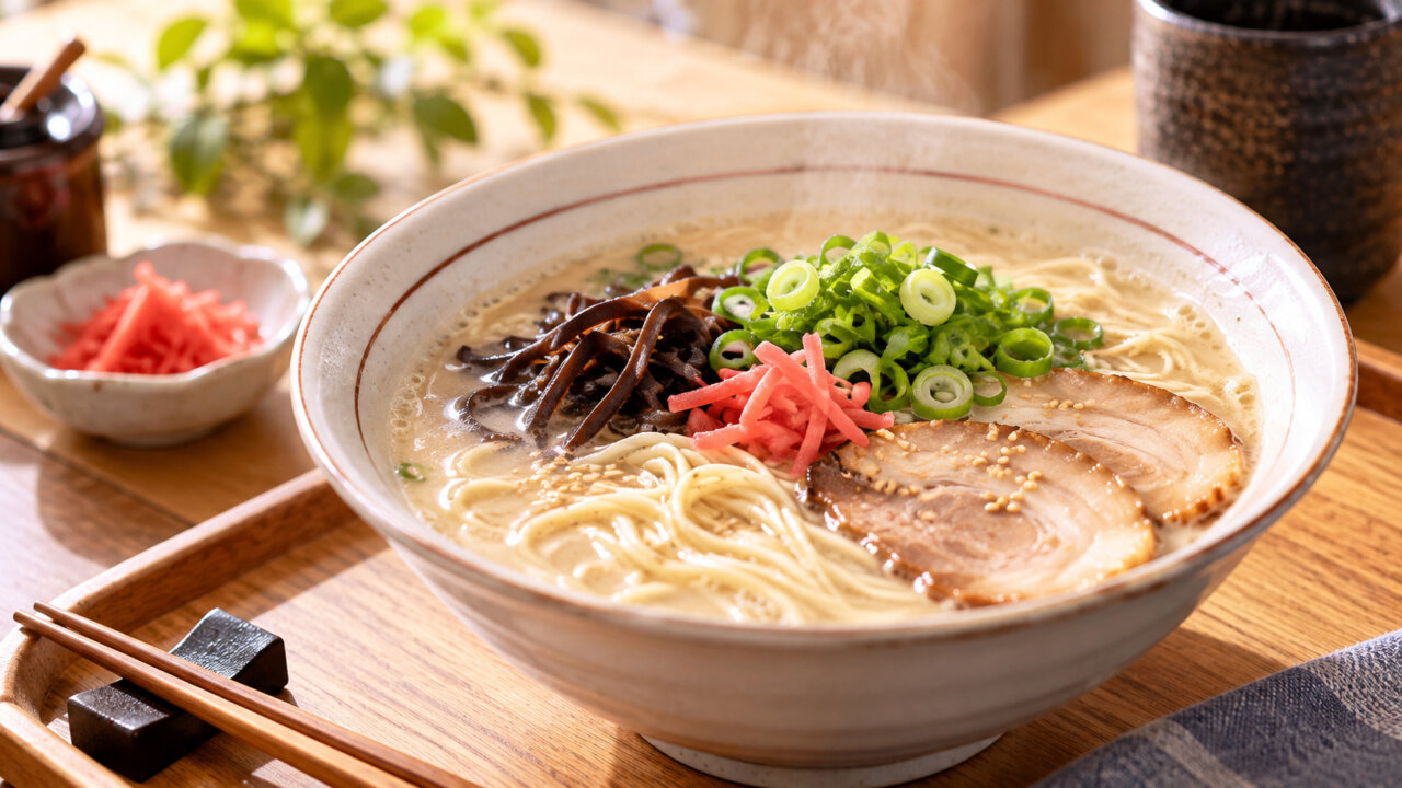 博多の味を家で楽しむ豚骨ラーメン 白い器に細麺、チャーシュー、青ねぎ、きくらげを盛った豚骨ラーメンのイメージ