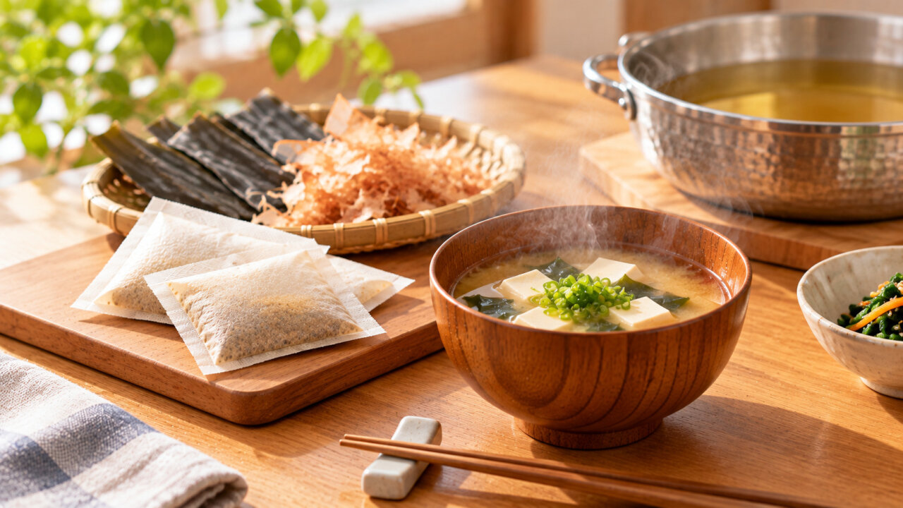 福岡のだしを毎日の料理に 温かい味噌汁と和食を囲む食卓に、だしの材料を添えた料理のイメージ