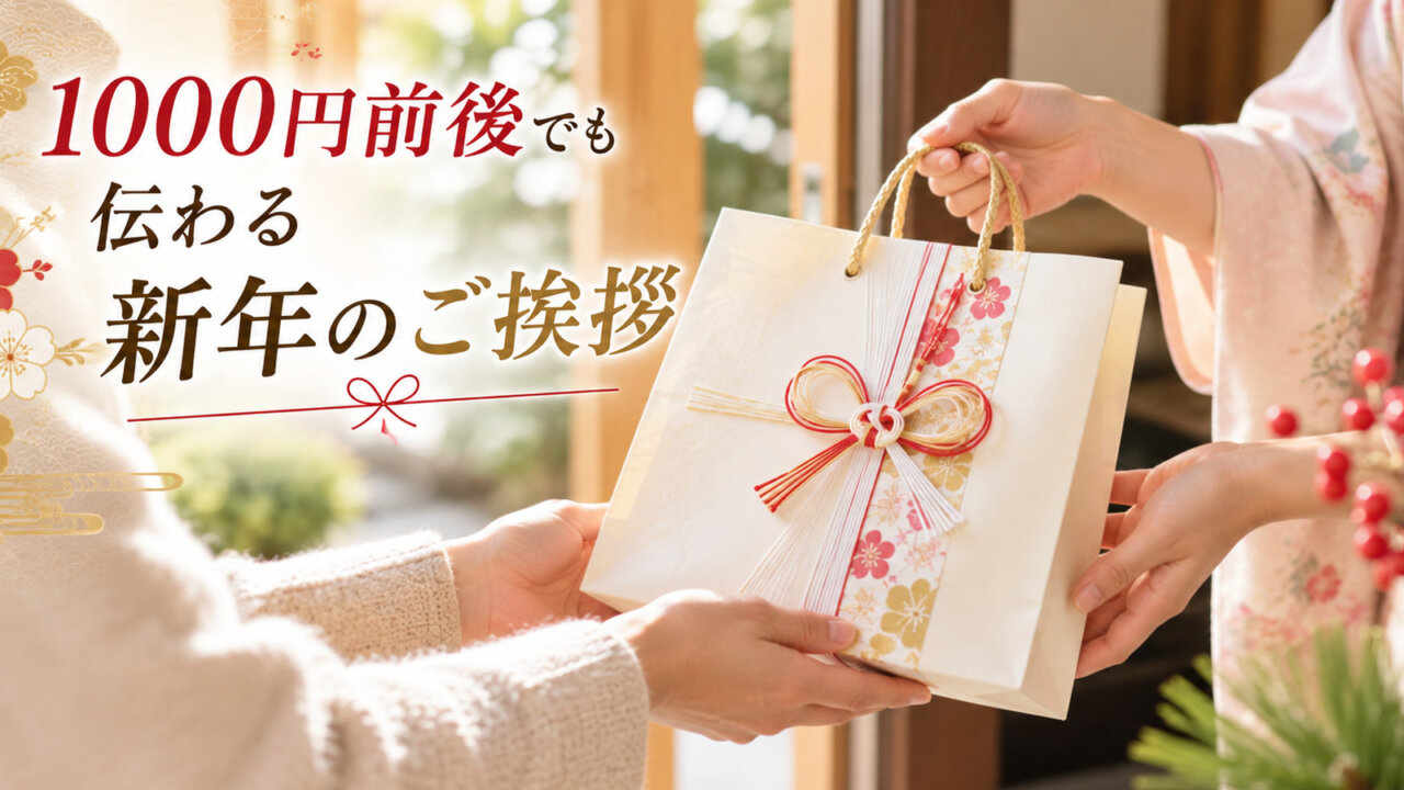 新年の挨拶で白い手提げ袋の菓子折りを手渡す場面。1000円前後でも伝わる心遣い