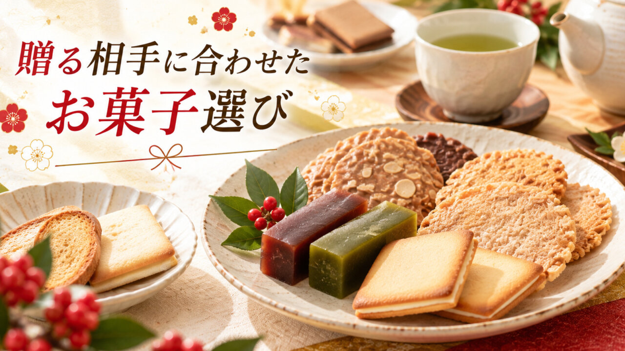 焼き菓子、えびせんべい、羊羹を日本茶とともに盛り付けたお年賀のお菓子選びのイメージ