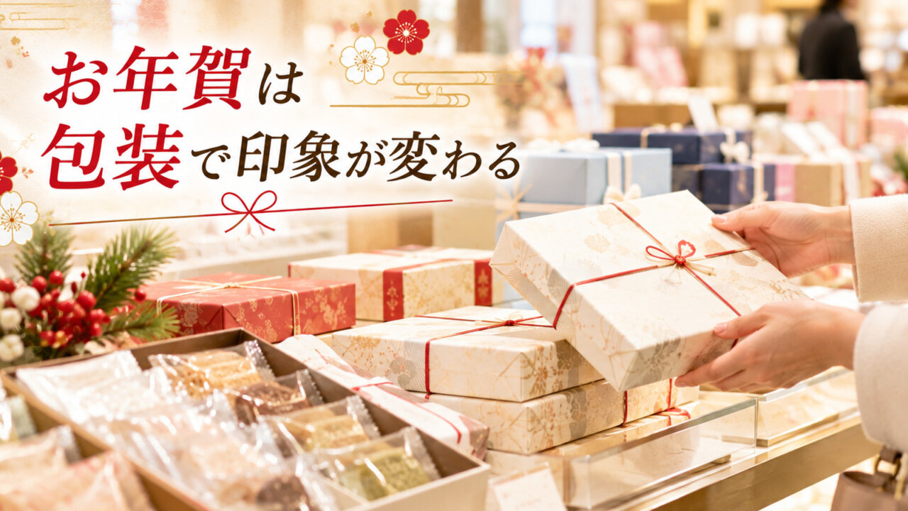 百貨店のギフト売り場で贈答用に包装された箱入り菓子折りを選ぶ手元