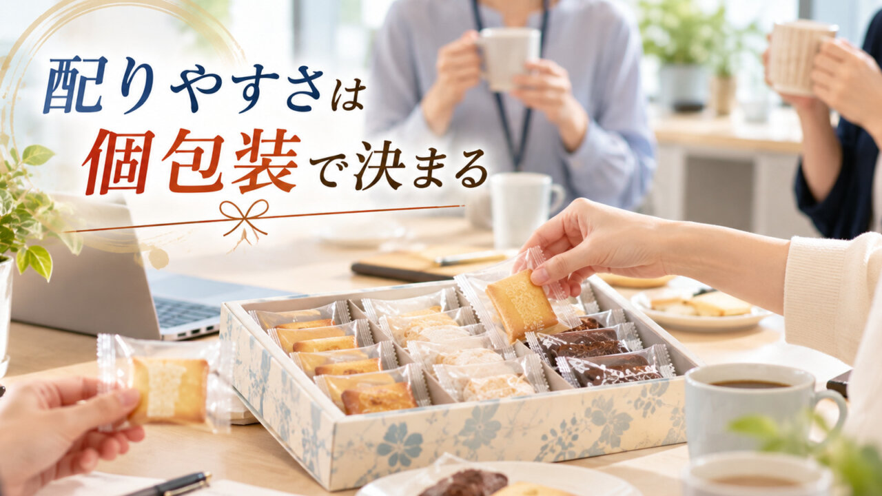 職場の休憩スペースで個包装の焼き菓子を箱から取り分ける場面