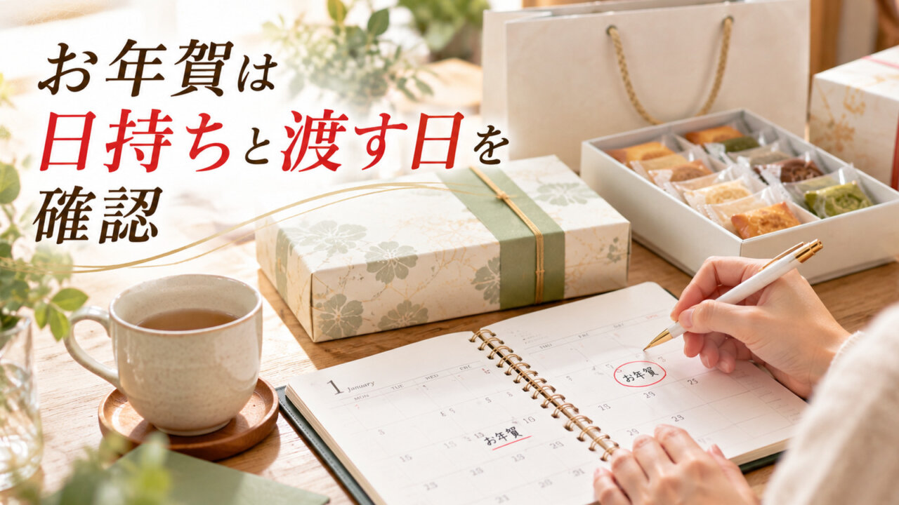 1月の予定を書いた手帳と菓子折りを並べお年賀の渡す日を確認する様子