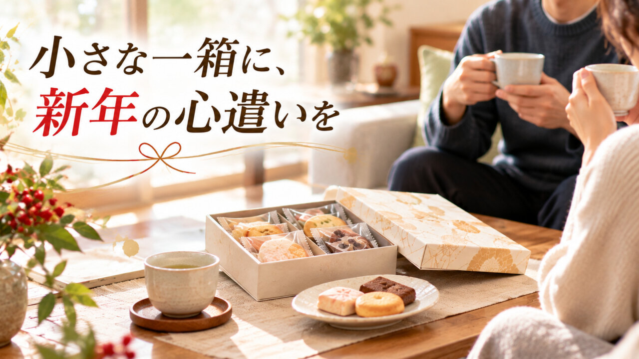 お年賀にいただいた小さな焼き菓子の箱を囲みお茶を楽しむご夫婦の様子