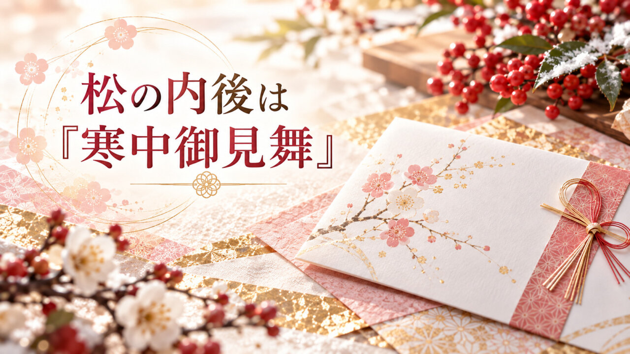 寒中御見舞をイメージした冬の贈答カードと季節の花