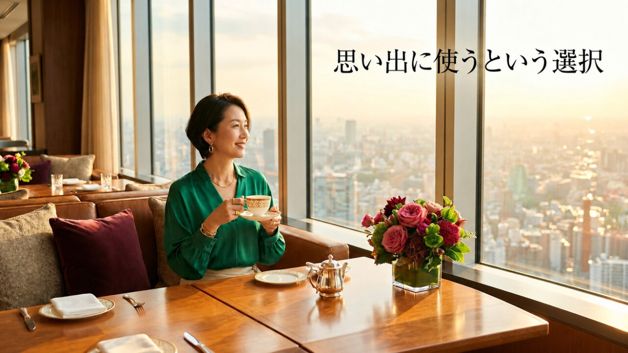 50代女性が高層階のラウンジでティータイムを楽しむ様子