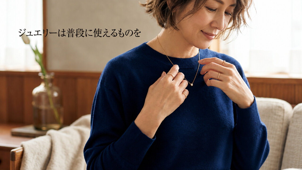 ネイビーのニットを着た50代女性がジュエリーを身につける様子
