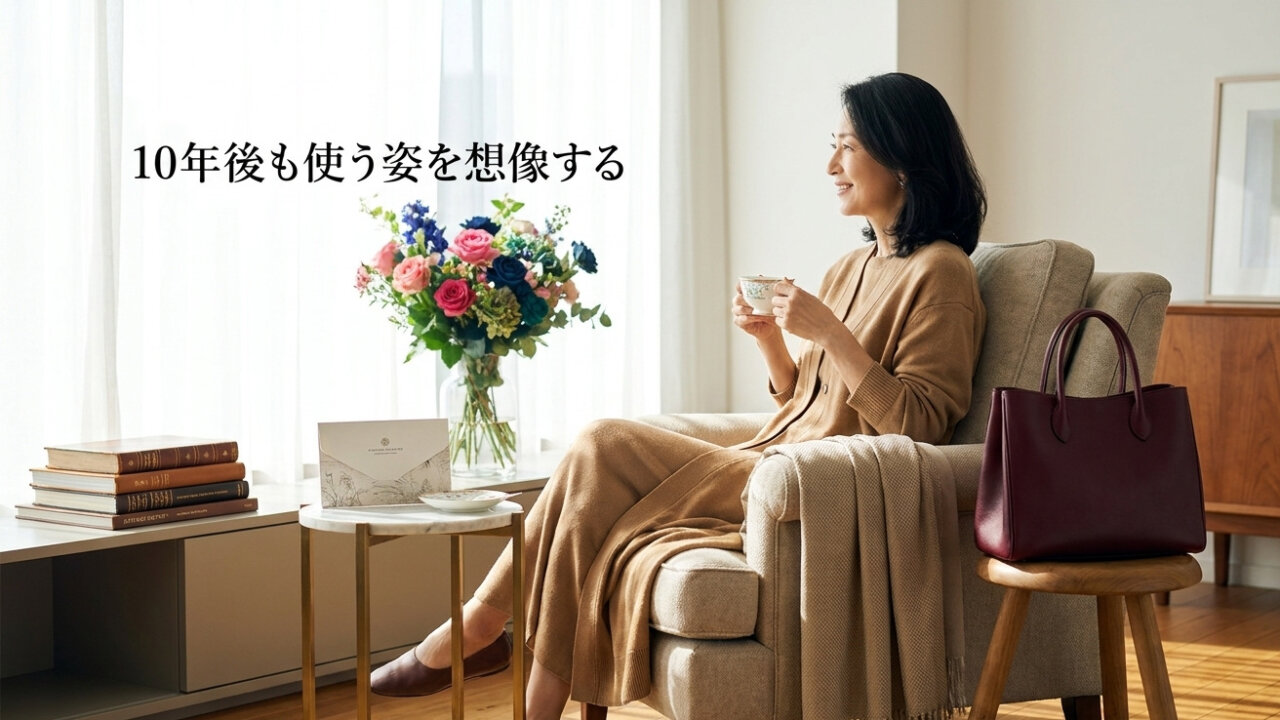 50代女性が花と革バッグのある明るいリビングでくつろぐ様子