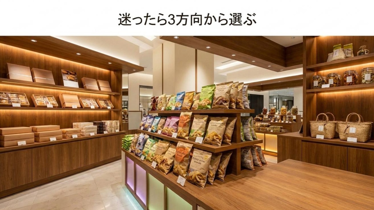エキスポシティのお土産を迷ったら3方向から選ぶ 焼き菓子・スナック・甘くない食品からエキスポシティのお土産を選ぶ売り場イメージ