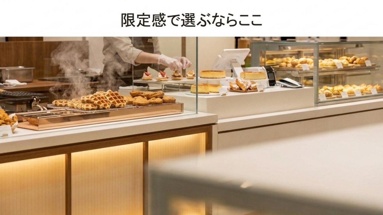 エキスポシティで限定感のあるお土産を選ぶ 焼きたてワッフルやチーズケーキなど限定感のある手土産売り場イメージ